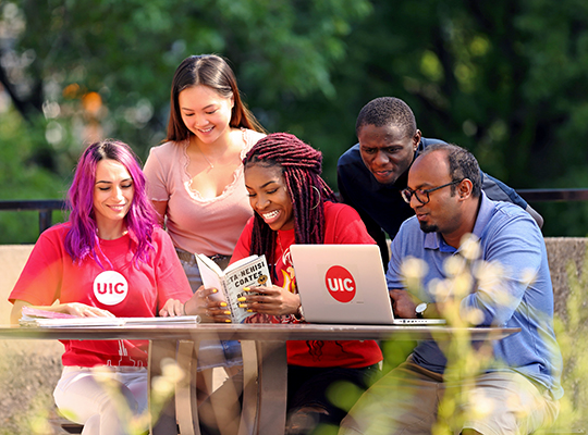 Group of students sitting outside studying